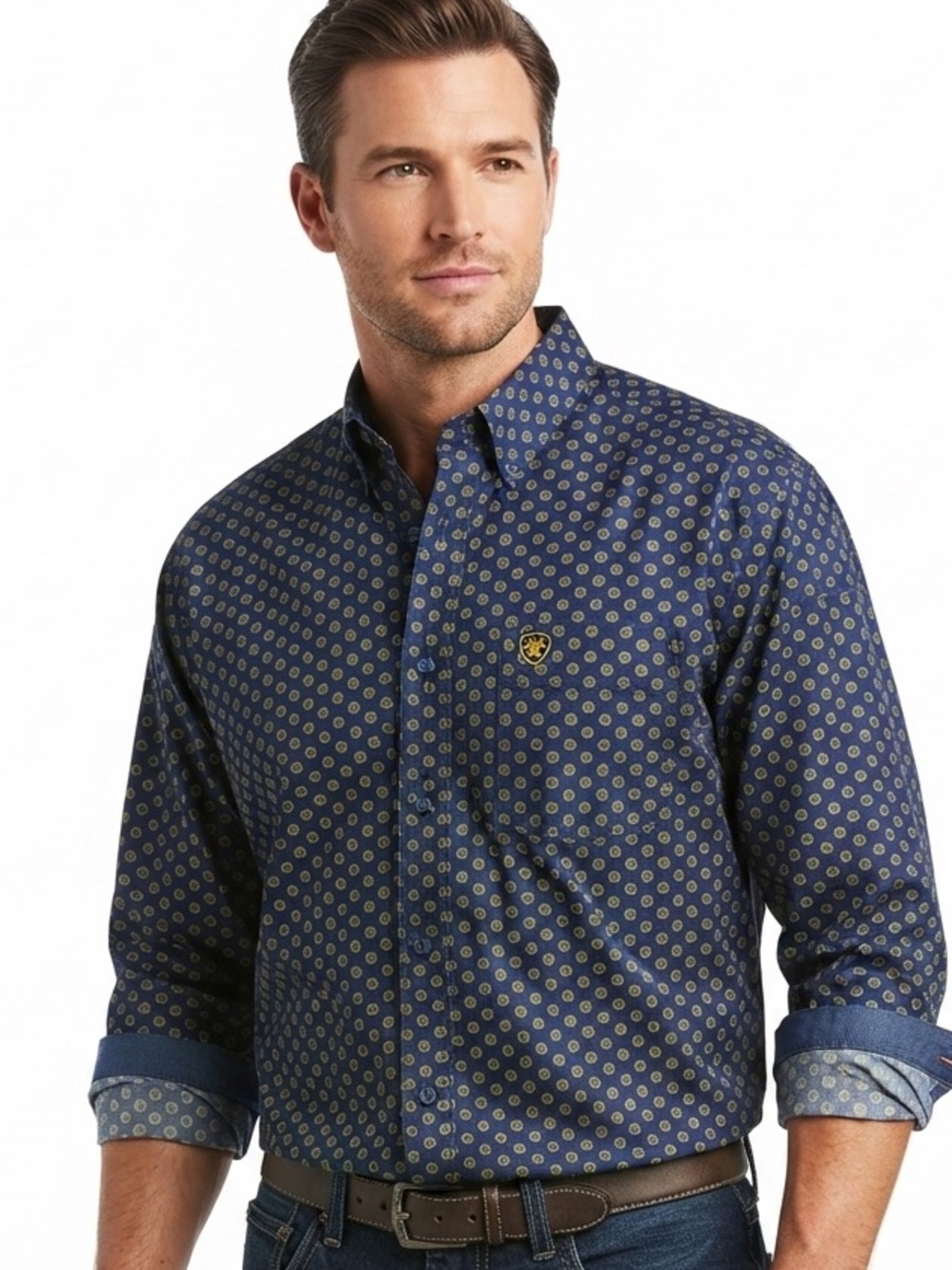 Ariat Men's Long Sleeve Button Down Shirt Blue Geometric Medallion Print M